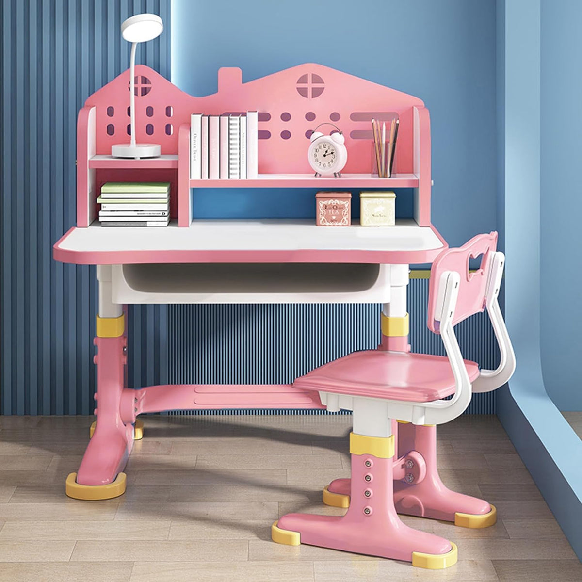 Kids Study Desk and Chair Set,Height Adjustable & Cartoon Design with Bookshelf & Book Basket, Eco-Friendly Materials Study Desk and Chair Set, Suitable for Writing & Reading