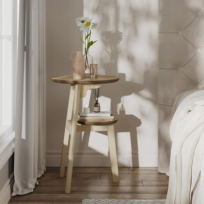 ChooChoo Round End Table for Small Spaces, Narrow Side Table, Accent Table Night Stand with 2 Tier Shelf for Bedroom and Living Room, Natural