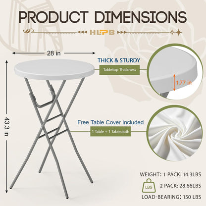 28" Round Folding Table with Cover, Foldable Cocktail Table with Handle | Bar Height Table with Removable Legs, High Top, Indoor Outdoor for Parties, Patio, Backyard, Wedding, Dining, White