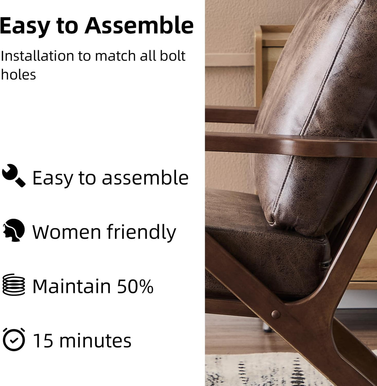 INZOY Mid-Century Modern Accent Chair with Wood Frame, PU Leather Living Room Chair and Soft Thick Padded Armchair for Living Room Bedroom Reception with Removable Upholstered Cushions, Dark Grey