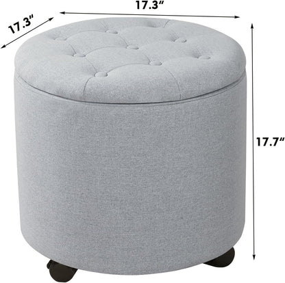 Adeco Round Storage Ottoman with Wheels, Tufted Linen Upholstered Rolling Footstool & Foot Rest for Living Room, Bedroom, Light Gray, 17.3 Inch