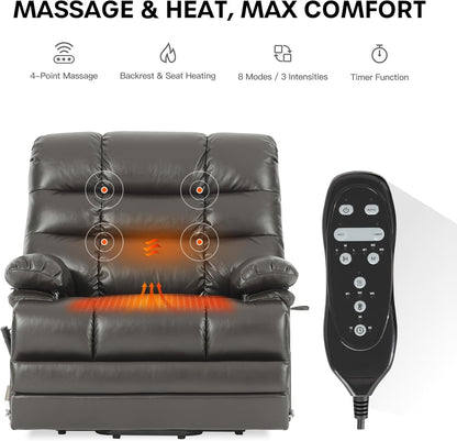 DYNOX 500 LBS Power Lift Recliner Chair for Big & Tall Seniors, Extra Large 3-Motor Lay Flat Chair with Heat, Massage & Extended Footrest,Breathable Faux Leather, Gray, 9505L