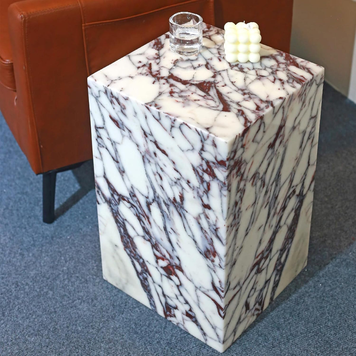 Luxury Marble Side Table,Square End Table for Modern Sofa and Bed, Living Room, Sofa, Bedroom（Calacatta Viola）
