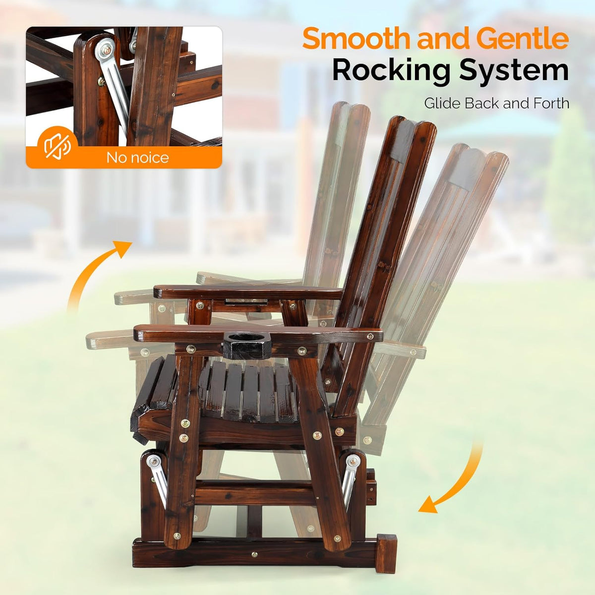 VINGLI Outdoor Glider Chair Wood Patio Glider with Cup Holder, Porch Glider with Smooth Rocking Mechanism, Heavy Duty 600 LBS, Rustic