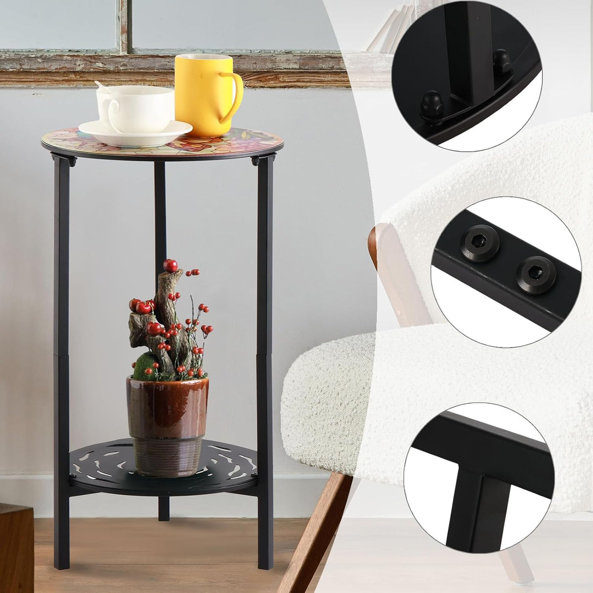 2-Tier Metal Round Side Table Black Accent Coffee Tables Small Space Corner Plant Stand Shelf for Indoor Outdoor Use Patio Balcony End Table Butterfly Print Weather-Resistant