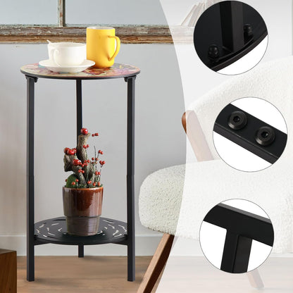 2-Tier Metal Round Side Table Black Accent Coffee Tables Small Space Corner Plant Stand Shelf for Indoor Outdoor Use Patio Balcony End Table Butterfly Print Weather-Resistant