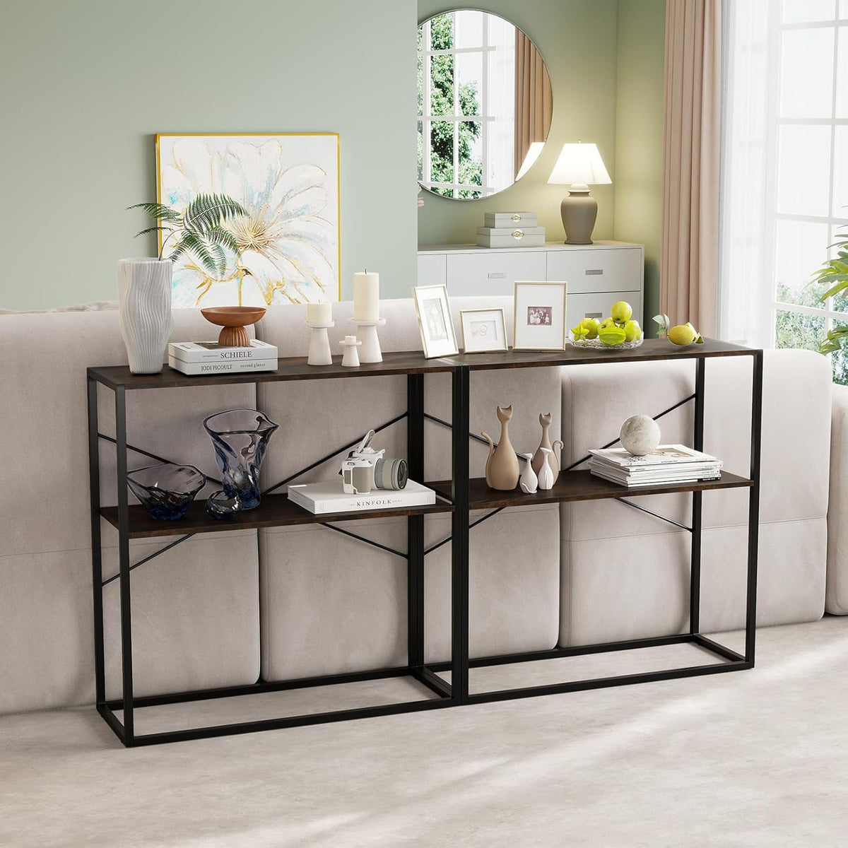 Giantex 36" Narrow Console Table, 2-Tier Entryway Tables with Wood Grain Top & Heavy-Duty Metal Frame, Behind Couch Table, Rustic Sofa Tables with Open Storage Shelves for Entrance, Living Room, Foyer