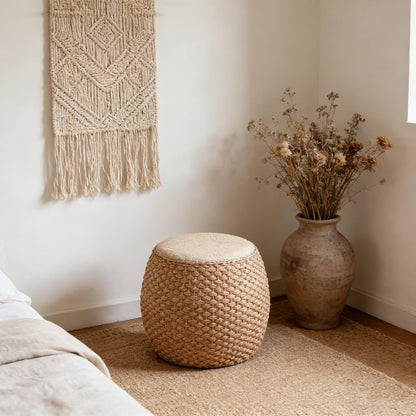 Round Ottoman Natural Seagrass Braided Poof Hand Weaving Round Ottomans Boho Footrest Stool for Home Living Room Bedroom Patio(22cm/8.6in)