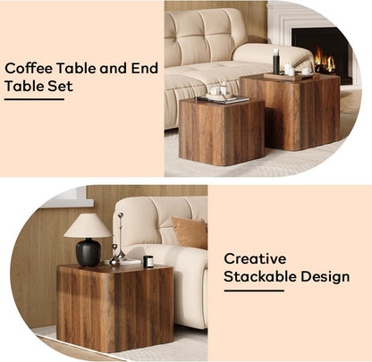 Nesting Coffee Table Set of 2, Modern Coffee Table and End Table Sets, Small Wooden Nesting Side Tables for Living Room Bedroom Apartment(Walnut)