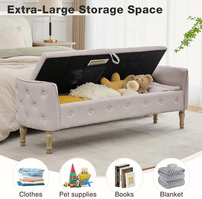 67'' King Size Storage Bench for Bedroom End of Bed,Linen Bedroom Bench for Foot of Bed King,Storage Bench with Arched Arms and 2 Cushion for Living Room Entryway Window,Khaki