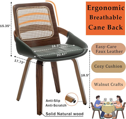 Set of 2 Kitchen & Dining Room Chairs - Green Dining Chairs with Walnut Bentwood Frame, Ergonomic Rattan Back, Curved Arms, Rattan Dining Chairs for Living Room/Reception/Kitchen/Desk (Walnut Green)
