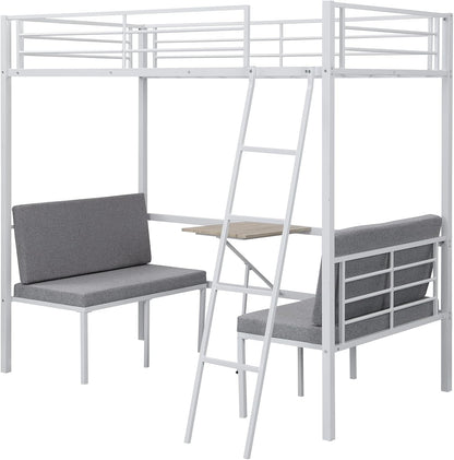 Twin Size Metal Loft Bed with Built-in Wooden Table and Upholstery Chairs Set for Kids Teens, Full Length Guardrails Inclined Ladder, Bedroom, Dorm, Space Saving (White-with Built-in Table)