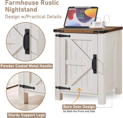 OKD Farmhouse Nightstand Set of 2 with Charging Station, 18 Inch Rustic End Table with Barn Door Cabinet, Adjustable Storage Shelf, Wood Sofa Side Table for Living Room, Bedroom, Antique White