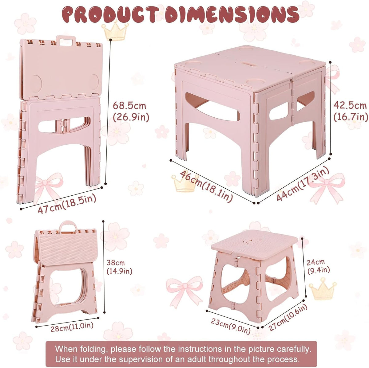 3 Piece Kids Foldable Table and Chairs Set, Toddlers Drawing Activity Desk, | Portable Picnic Table, Easy-Fold Pinch-Free Children's Furniture for Arts Toys Snacks and Indoor Outdoor Use Pink