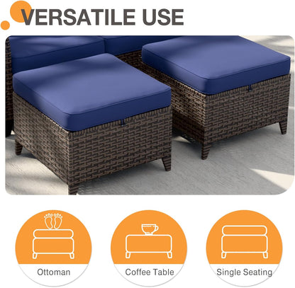 COOS BAY Harbor Retreat Wicker Outdoor Ottomans Set of 2, Patio Footrests with Removable Cushions for Couch, Deck, Backyard & Poolside, Brown/Blue