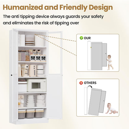 Kitchen Pantry Storage Cabinet, 72" H Storage Cabinet with Doors and Adjustable Shelves, Spacious Cupboard with 2 Handles, Metal Kitchen Cabinet for Dining Room, Living Room, White