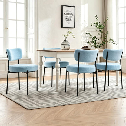 Boucle Dining Chairs Set of 2, Blue Mid Century Modern Kitchen Dining Room Chairs with Curved Backrest and Metal Frame, Round Upholstered Dining Chairs for Kitchen, Living Room