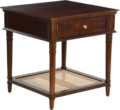 Creative Co-Op Maxwelton Solid Wood End Table with Drawer and Woven Cane Storage Shelf, Dark Chestnut and Natural