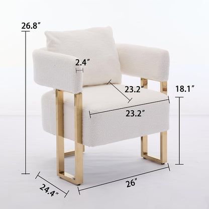 YITAI Modern Accent Chairs no Wheels, Living Room Side Chairs Set of 2 with Golden Metal Legs, Barrel Soft Teddyt Upholstered Reading Armchairs for OfficeReception RoomBedroomLounge,White