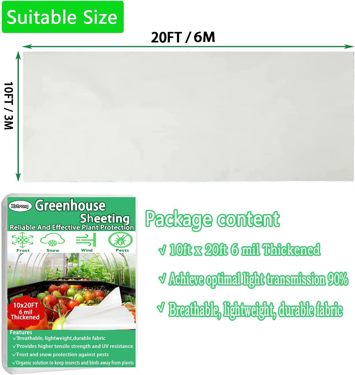 10FTx20FT Greenhouse Plastic Sheeting, 6 Mil Thick Clear Polyethylene Film, Waterproof Wind Frost Dust UV Resistant Green House Plastic Covering for Outdoor Plant, Garden, (10ft x 20ft)