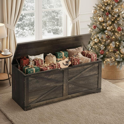 DWVO Wooden Storage Bench, Farmhouse Storage Chest with Safety Hinges, Entryway Shoe Organizer, Multi-Use Storage for Living Room/Bedroom, 39.4" L, Dark Rustic Oak