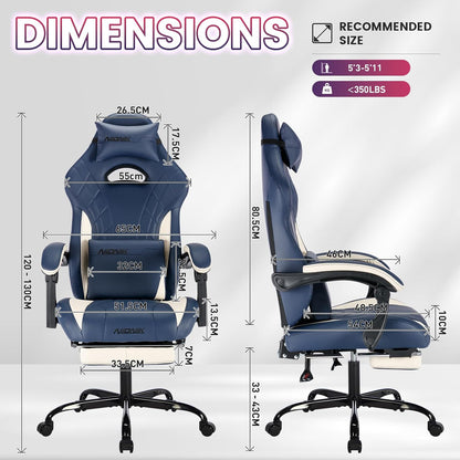 Gaming Chair with Footrest and Massage Lumbar Support, Ergonomic Computer Gamer Chair, Office Video Game Chairs (Blue)