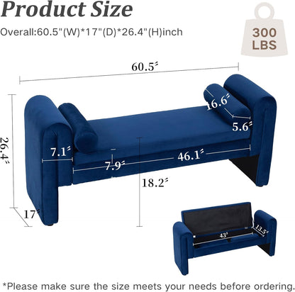 60.5" End of Bed Bench, Velvet Bedroom Bench,King Bed Bench,with 2 Pillows,Upholstered Bench,Suitable for End of Bed, Entryway Living Room,Bedroom. (Velvet Blue)