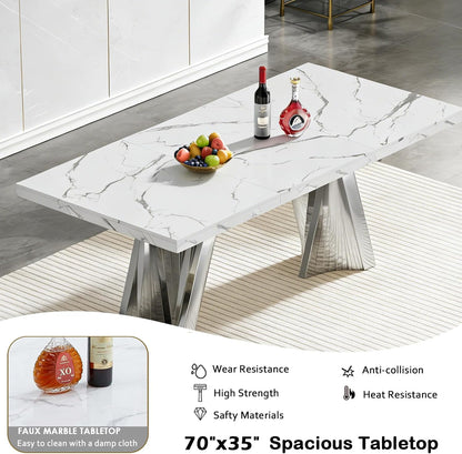 70" Faux Marble White Dining Table for 6, Modern Dining Room Table with 0.71" Marble Printing MDF Top and Flash-Shaped Silver Stainless Steel Base,Rectangular Large Kitchen Dinner Table