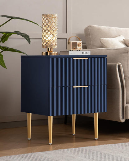 SICOTAS Night Stand Set 2, Fluted Glossy Nightstands Set of 2 with Drawers | Wide Modern Blue Storage Bedside Table for Bedroom, End Side Table with Golden Metal Legs and Handles, 2 Pieces