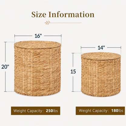 Round Water Hyacinth Storage Ottoman with Lid | Handwoven Water Hyacinth Footstool, Footrest and Side Table for Living Room office (Natural-M)