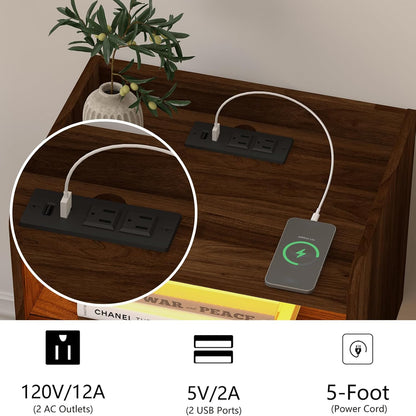Veegle Floating Nightstand with Charging Station and LED Lights (Walnut Brown)