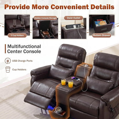 MANBUR Dual Power Lift Recliner Loveseat for Elderly, 2-Seat Electric Recliner Sofa with Massage & Heat, Double Reclining Seating w/Cup Holders, USB Charging, Faux Leather Brown