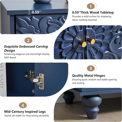 weselon Accent Cabinet with 2 Doors, Luxury Carving Board Storage Sideboard with Adjustable Shelves, Buffet Cabinet Entryway Table for Living Room (Midnight Blue)