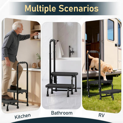 Suteck 2 Step Stool with Handle for Elderly Adults, 6-Leg Welded Bedside Step Stool for High Beds, 10-Level Adjustable Handrail, Wide Non-Slip Platform for Bathroom, Kitchen, RV, 450 lb, Black