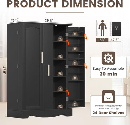 kepptory 47" Kitchen Pantry, Farmhouse Storage Cabinet with Barn Doors, Organizer, Pantry Cabinet with Lock Door and Adjustable Shelves, Rustic Wood Cupboard for Kitchen, Dining Room, Bathroom, Black