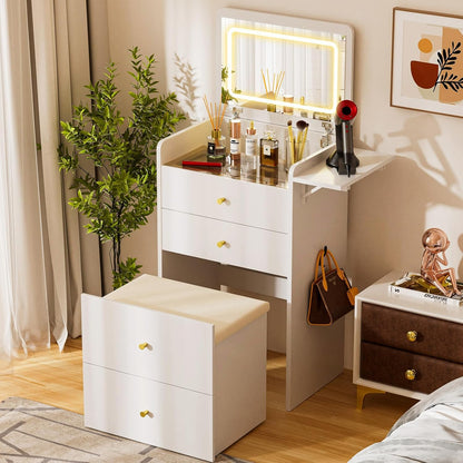 COMHOMA Makeup Vanity Desk with Mirror and Lights, Small 3 in 1 Vanity Table with Visible Glass Top, Flip Top & 3 Drawers, Compact Dressing with Storage Stool for Room or Office