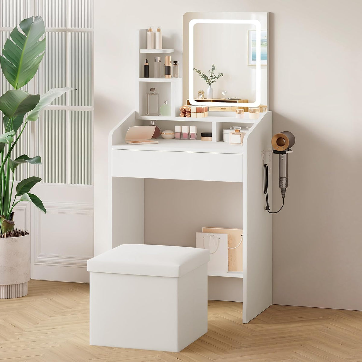 LIVELYGLOW 24" White Small Vanity Set with Lighted Mirror & Storage Stool | Smart LED Mirror, Charging Station, Hairdryer Rack, Space-Saving