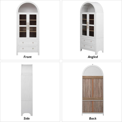 Merax 71" Tall Arched Farmhouse Pantry Cabinet with Glass Doors & 2 Large Drawers - Adjustable Shelves, Modern Kitchen Storage Cupboard for Dining Room, Living Room (30" W x 15.75" D), White