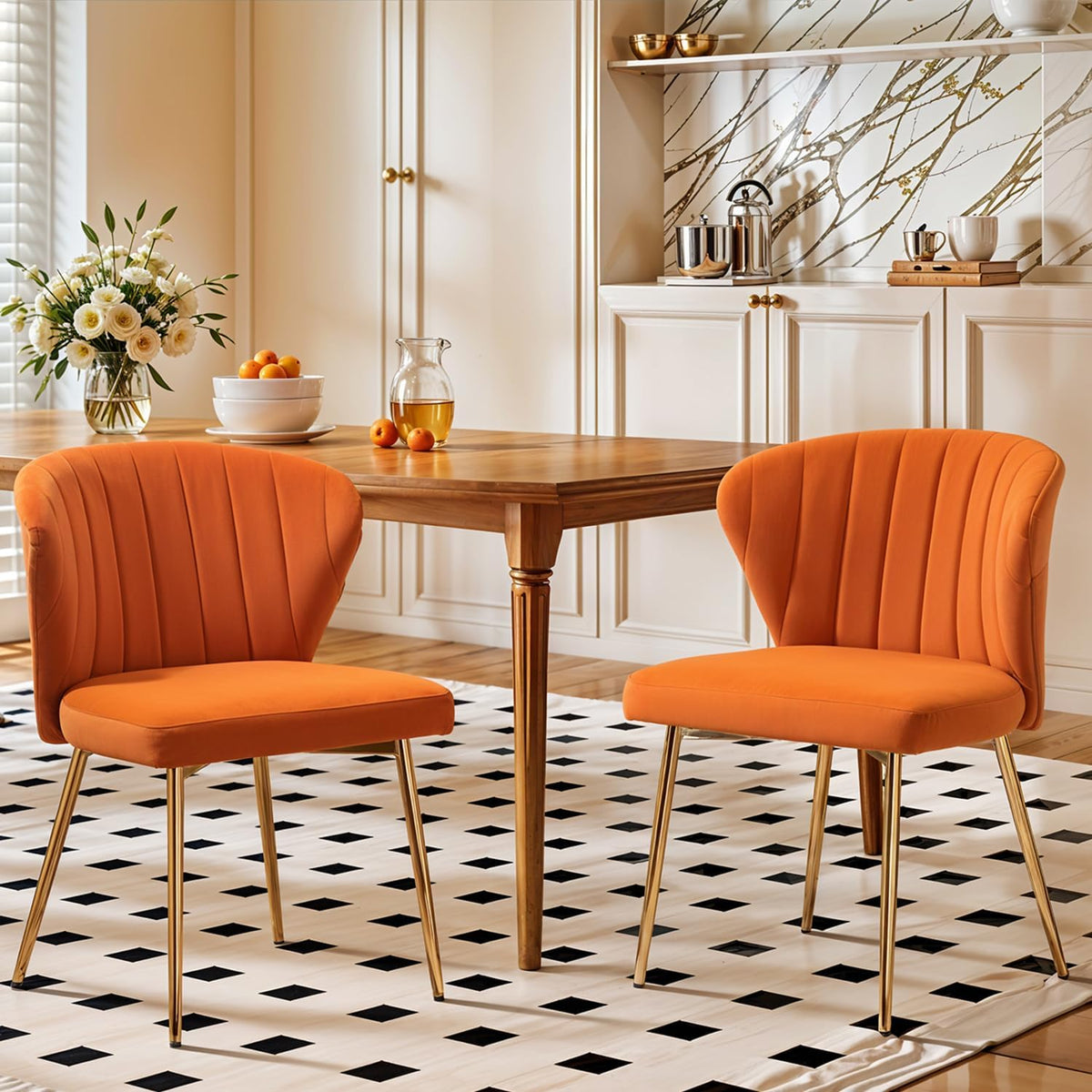 Velvet Dining Chairs Set of 2, Modern Upholstered Vanity Chairs with Golden Metal Legs for Dining Room Kitchen Vanity Patio (Orange)