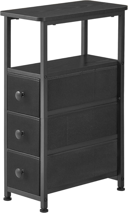DALEMHOME End Table, Narrow Side Table with 3 Fabric Drawers, Slim Nightstand, Small Bedside Table with Storage, Living Room, Bedroom, Black HKET1300BK