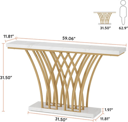 Tribesigns 59 inch Gold Console Table, Modern Entryway Table with Grid-Shaped Metal Base for Entrance, Hallway, Entryway, Living Room(White Faux Marble & Gold)