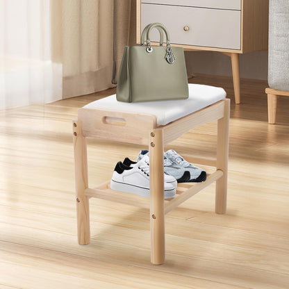 Shoe Bench with Cushion, 2-Tier Bamboo Shoe Rack Bench, Entryway Shoe Storage Organizer with Compartment, Wooden Shoe Storage Bench for Hallway, Living Room, Closet, Bedroom (Burlywood)