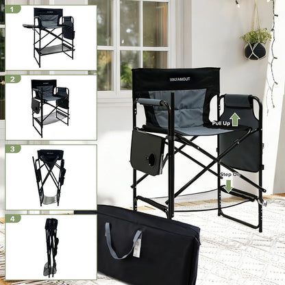 27" Tall Camping Director Chair Oversized with Side Table, Heavy Duty Folding Lawn Chair Outdoor for Makeup Artist, Sports Event, Supports 330LBS