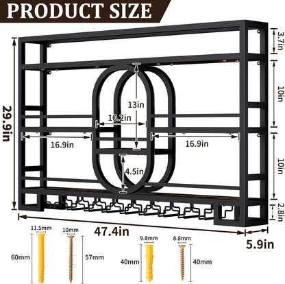 Boshen Fully Assembled 3-Tiers 47in Wine Rack Wall Mounted with LED Light | Floating Bar Shelves, Hanging Industrial Liquor Shelf, Wall-Mounted, Home, Bar, No Assembly Required, Glass Holder