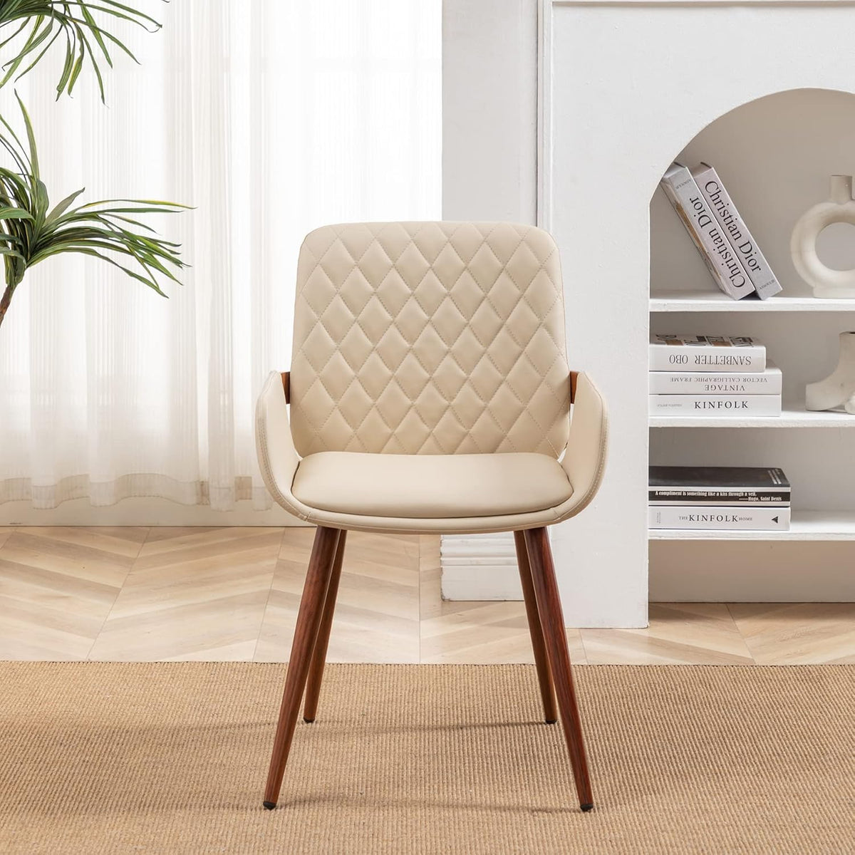 LUNLING Mid Century Modern Dining Chairs Set of 2,Accent Faux Leather Side Chairs Bentwood Frame with Armrest,Metal Legs Chair,Adjustable Foot for Kitchen Room Desk Chair(Cream White)
