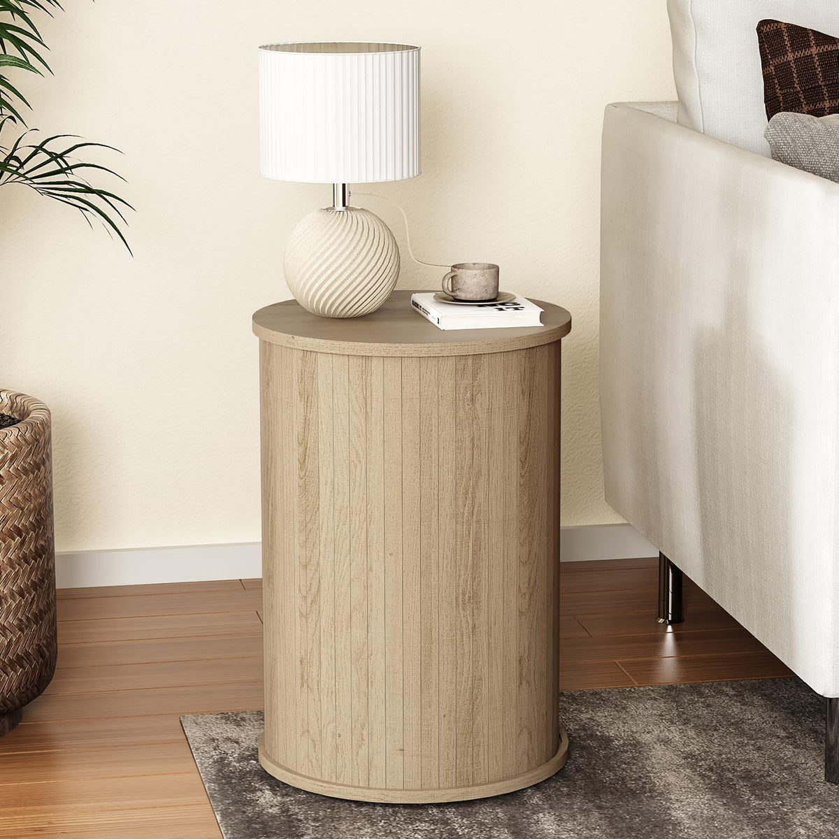 Round Fluted End Table for Living Room, Modern Wooden Sofa Couch Side Table for Small Spaces, 21.9" H Nightstand Set of 2 for Bedroom (Oslo Oak)