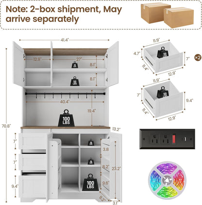70.8" Tall Pantry Cabinet with LED & Charging Station, Freestanding White Kitchen Storage Cabinet with Spacious Countertop, Adjustable Shelves and Door Side Racks for Dining Living Room