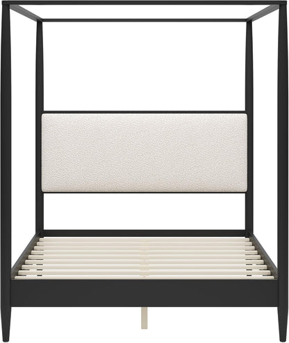 Merax Black Queen Size Canopy Bed Frame with Boucle Headboard and 4 Poster