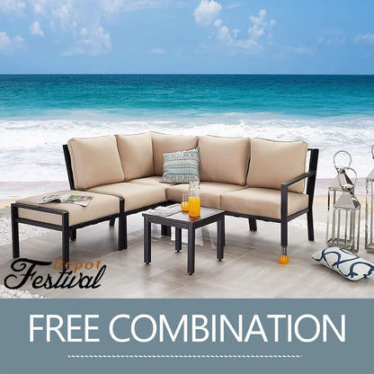 Festival Depot Patio Ottoman Outdoor Footstool with 4.3 Cushion Small Seat All Weather Metal Furniture for Deck Poolside Yard, Grey, PF20150