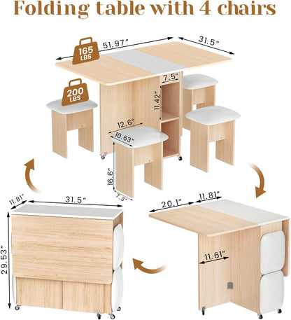 AWQM Folding Dining Table Set, Storage Folding Table & Chair, Beige White | Dining Table Set for 4, Storage Folding Table & with 4 Leather Chair, Space Saving,For Kitchen & Apartment, MDF & Metal Frame